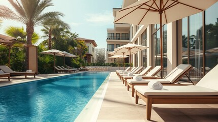 beautiful exterior view of the poolside lounge area in a small luxury resort hotel on a sunny day