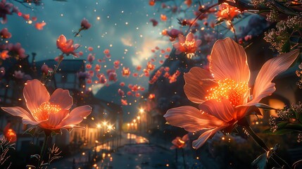 A beautiful painting of a flower garden with a starry night sky and a river running through it. The flowers are all different colors and shapes and the stars are twinkling in the sky. The river is flo - obrazy, fototapety, plakaty