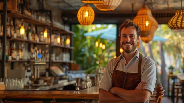 happy bartender professional against the backdrop of his workplace bar in a hotel where many happy tourists are relaxing