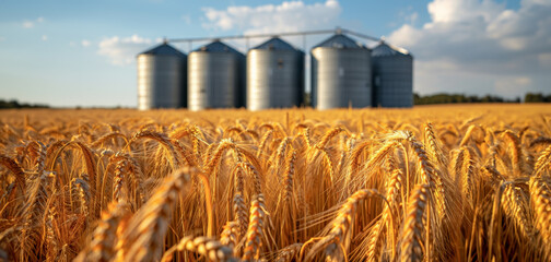 A field of golden wheat with four silo towers in the background