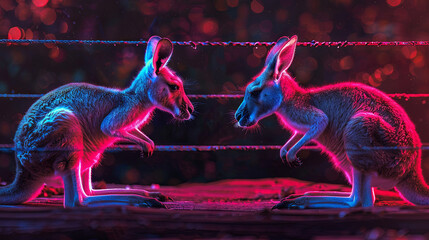 fighting kangaroo on the neon boxing ring - obrazy, fototapety, plakaty