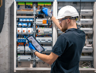 Electrical technician working in a switchboard with fuses, uses a tablet.