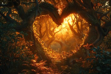 A heart shaped opening in a dense forest with bright sunlight shining through - obrazy, fototapety, plakaty
