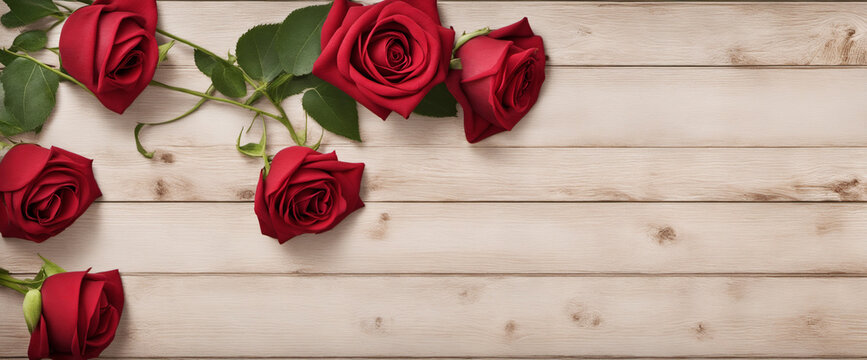 Flowers background banner long - Frame made of red roses isolated on white rustic vintage wood
