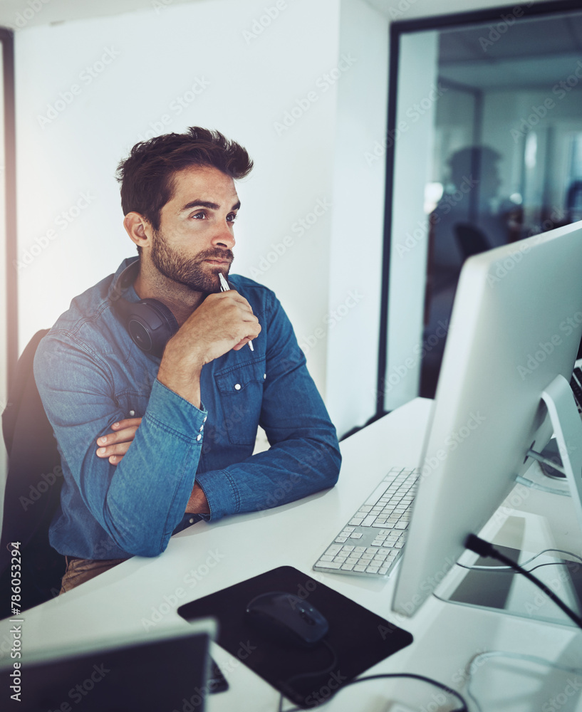 Aufkleber Thinking, computer and business man with idea for decision, inspiration or problem solving in creative startup. Pc, serious programmer and planning solution, reflection or vision at desk for IT