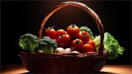 Vegetable basket on dark background: realistic image of fresh vegetables, studio photography style