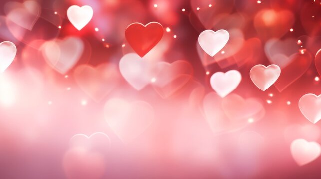 Pink or red background with hearts and bokeh lights, Romantic backdrop with place for text, raster version. High quality photo