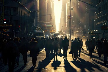 People In A City. Anonymous Crowd Walking on City Street, Backlit with Business Commuters - obrazy, fototapety, plakaty