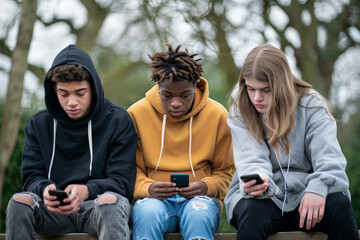 Three teenagers sit on park bench looking mobile phones absorbed. Dependence on technology, hooked on phones, smartphone addiction, addicted to screens, digital devices, excessive internet phone use - Powered by Adobe