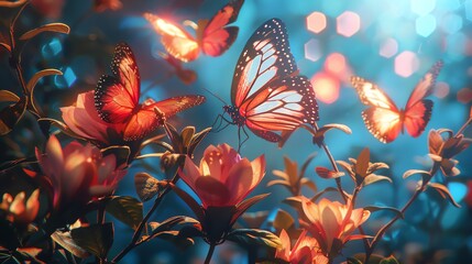 A group of butterflies in a garden of flowers at night with a blue background
