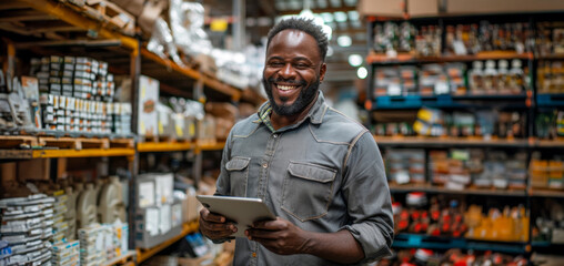 A man is smiling and holding a tablet in a store