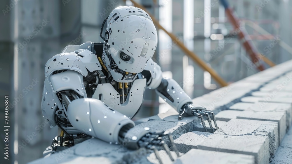 Poster autonomous robot construction worker laying bricks and building infrastructure