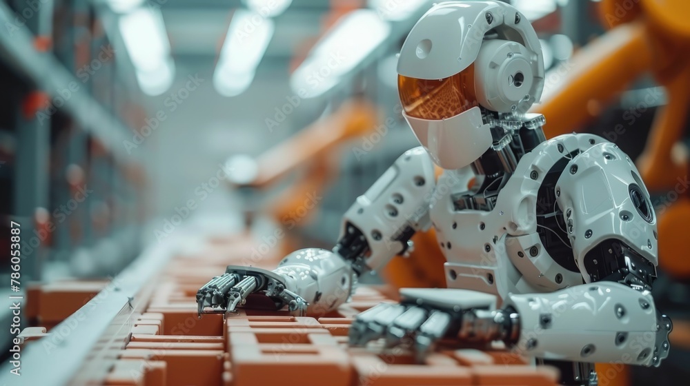 Poster robotic construction worker laying bricks and building infrastructures in modern factory setting