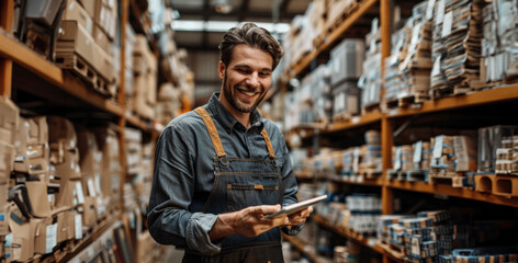 A man in a blue apron is smiling and holding a tablet in a warehouse - Powered by Adobe