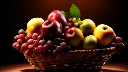 Fruit basket on a dark background: realistic image of fresh fruit, studio photo style