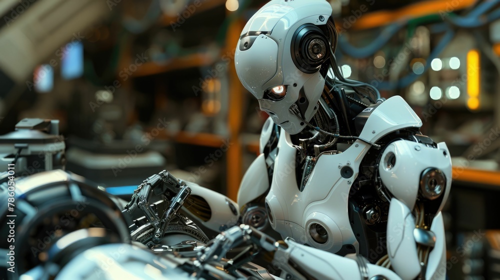 Poster skilled robotic mechanic expertly repairing and maintaining a diverse fleet of cutting edge vehicles