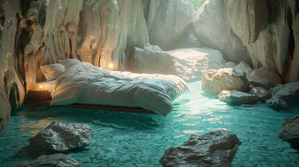Tranquil underground cave bedroom, luxury cozy warm bed with clear blue water pool, natural sunlight coming from above - Powered by Adobe