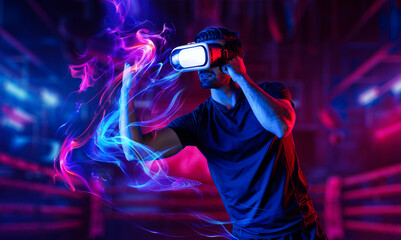 Man wearing VR glass and smashing or punching at camera in neon boxing arena. Sport gamer boxing and moving gesture in metaverse or virtual world while using digital technology innovation. Deviation. - obrazy, fototapety, plakaty