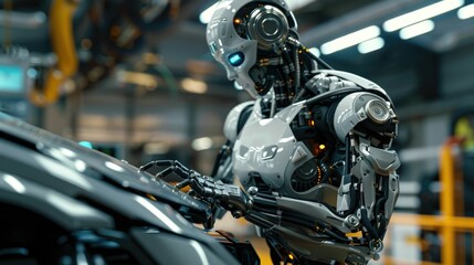 Skilled Robot Mechanic Expertly Repairing and Servicing Diverse Automotive Fleet in Advanced Futuristic Workshop