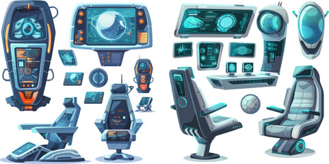 Spaceship cockpit and screen, chair and door. Rocket equipment, game vector set