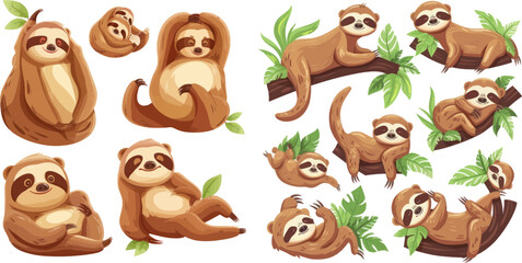 Obraz premium Cartoon sloths family. Adorable sloth sleepy animal at jungle rainforest different lazy sleeping