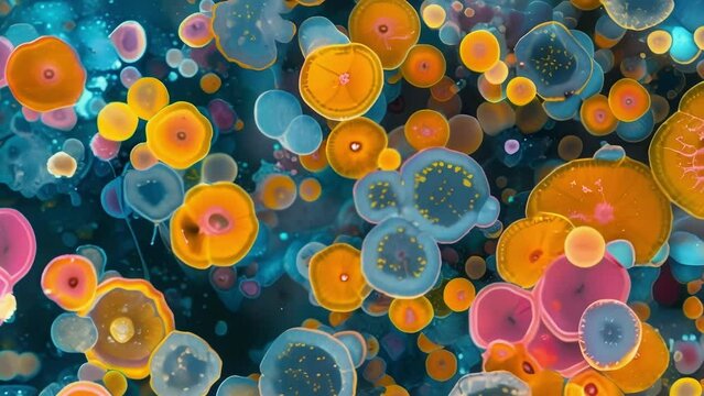Brightly colored spores each with a unique shape and pattern densely cover the surface of a fungal sample highlighting the microscopic . AI generation.