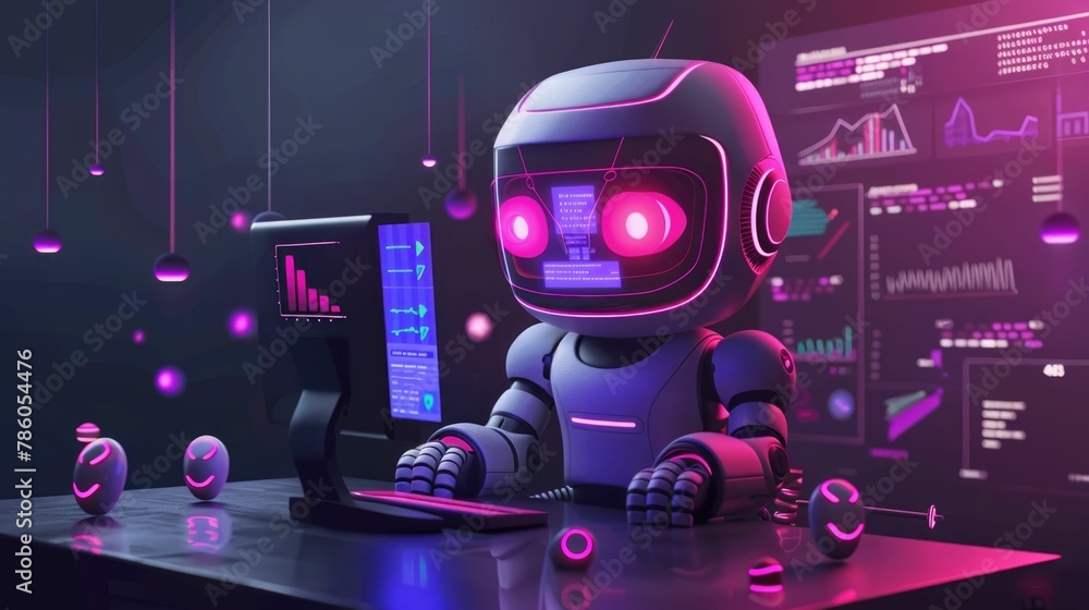 Poster robotic financial advisor managing digital transactions and investment analytics on futuristic dashb