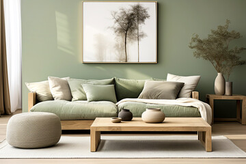 Boho interior design of modern living room, home. Green sofa against green wall with poster frame.