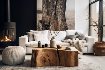 Fototapeta premium Scandinavian interior design of modern living room, home. Tree stump coffee table, knitted pouf near white sofa. Room with fireplace.