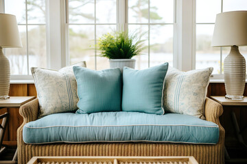 Coastal, farmhouse, country interior design of modern living room, home. Close up of wicker sofa with blue cushion. Side tables with lamps against grid window.