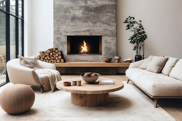 Fototapeta premium Scandinavian, loft interior design of modern living room, home with fireplace.
