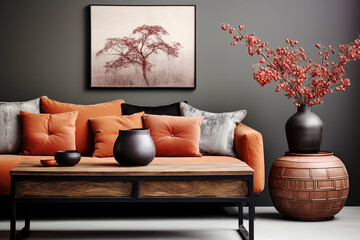Japanese interior design of modern living room, home. Rustic coffee table near terra cotta sofa against black wall with poster frame. - 786054492