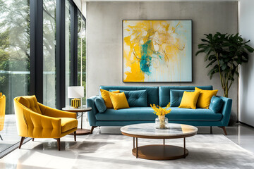 Art deco interior design of modern living room, home. Turquoise sofa and yellow armchair against window and concrete wall with poster frame. - 786054494