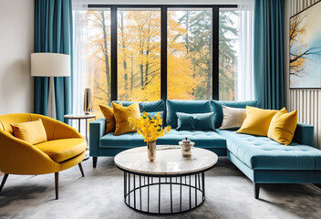 Art deco interior design of modern living room, home. Teal sofa and yellow armchair against window with fall forest view. - 786054496
