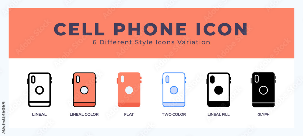 Poster cell phone icon set with different styles. icons designed in filled. outline. flat. glyph and line c