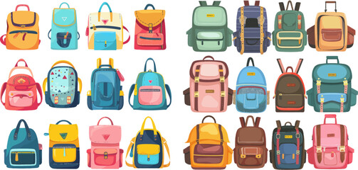Back to school, students rucksacks flat set. Illustration schoolbag and baggage, luggage college
