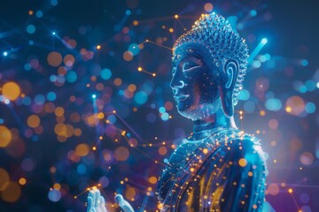 Buddha sculpture  hologram style glowing with digital connections, ai contamination technology , blue dark background with glow lights - obrazy, fototapety, plakaty