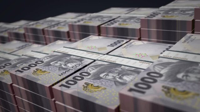 Kyrgyzstan money Kyrgyz soms banknote bundle growth up loop. KGS 1000 stacks. Concept of cash pack, banking, travel, business, economy and finance 3d loopable seamless.