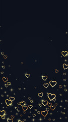 Valentine hearts, flying, falling down, floating. Gold hearts scattered on black background. Lovable valentine hearts vector illustration.