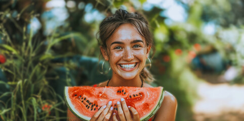 A woman is holding a watermelon and smiling