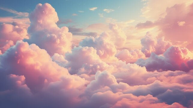 Surreal cloud podium outdoor on blue sky pink pastel soft fluffy clouds with empty space. Beauty cosmetic product placement pedestal present promotion minimal display, summer paradise dreamy concept