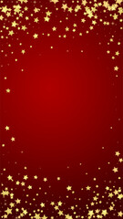 Magic stars vector overlay. Gold stars scattered around randomly, falling down, floating. Chaotic dreamy childish overlay template. on red background.