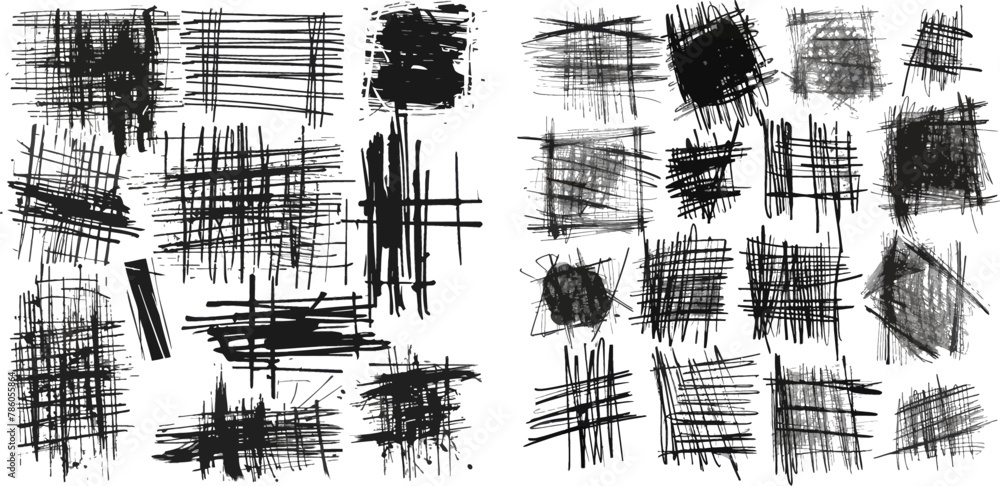 Poster dirty lines and scratches of various shapes, creative abstract strokes and hatching effect