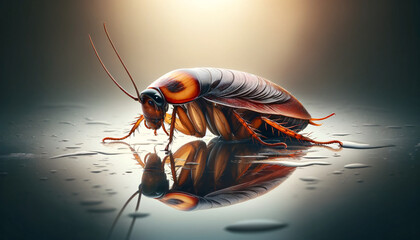 a cockroach with a glossy brown carapace, resting on a reflective wet surface - obrazy, fototapety, plakaty