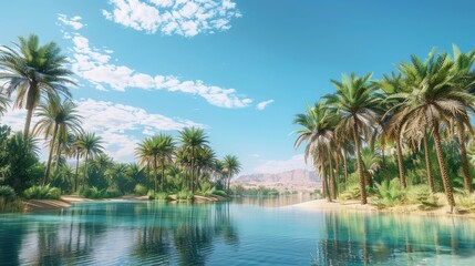 A serene desert oasis surrounded by towering palms and lush greenery, with crystal-clear waters reflecting the cloudless sky in a tranquil tableau of natural beauty