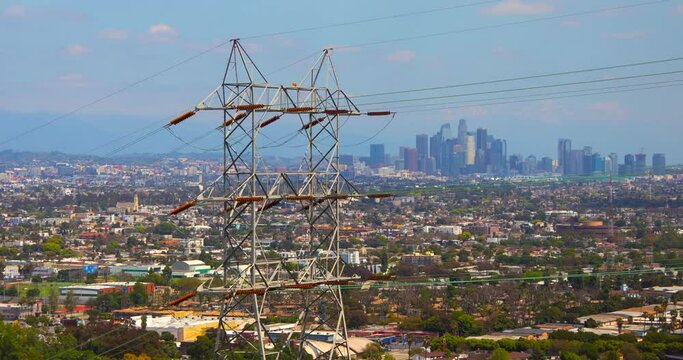 Los Angeles City Skyline Power Lines Tower Foreground Energy Grid Day
