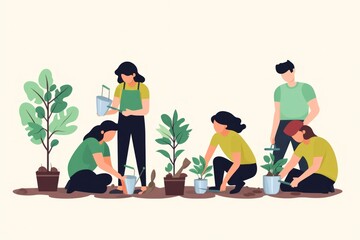 Illustration of a diverse group engaging in gardening activities, planting and nurturing flora with a spirit of collaboration and environmental care