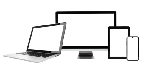 laptop, pc, tablet and phone display cut out for webdesign, isolated on white or transparent png