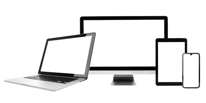 laptop, pc, tablet and phone display cut out for webdesign, isolated on white or transparent png
