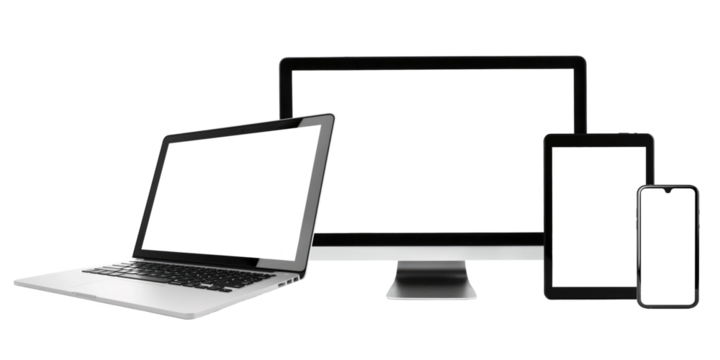 laptop, pc, tablet and phone display cut out for webdesign, isolated on white or transparent png - Powered by Adobe